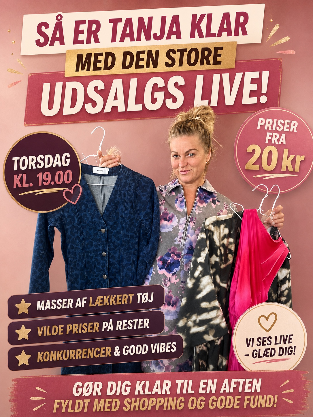 Tanja er klar til den store udsalgslive torsdag kl. 19 &ndash; priser fra 20 kr.