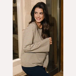 Liberte Essentiel Nalia LS Boxy Tshirt Brown Creme Stripe 