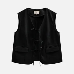 Freequent Maeve Waistcoat Woven Tie Detail Black