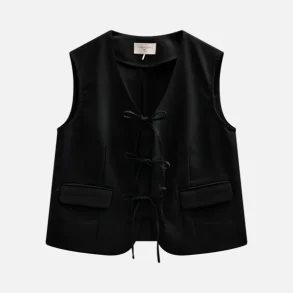 Freequent Maeve Waistcoat Woven Tie Detail Black