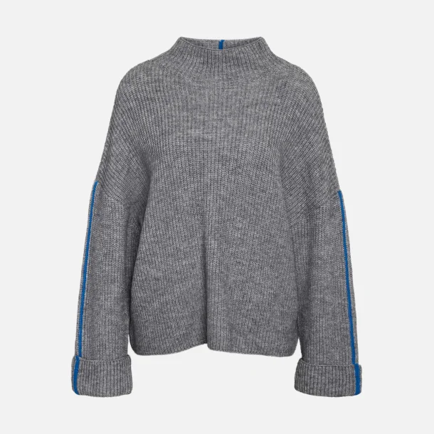 Noisy May Tova L/S High Neck Fold-Up Knit Grey Melange Classic Blue Line 